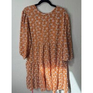 Maison 123 Boho Summer Cotton Women's Geometric Embroidered Dress Orange